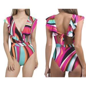 NEW Trina Turk Ruffle Flutter Sleeve Plunge One Piece Swimsuit Colorful Size 10